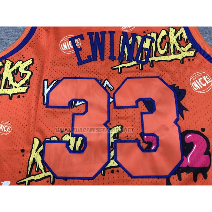 Camiseta Patrick Ewing NO 33 New York Knicks Mitchell & Ness Slap Sticker 1991-92 Naranja